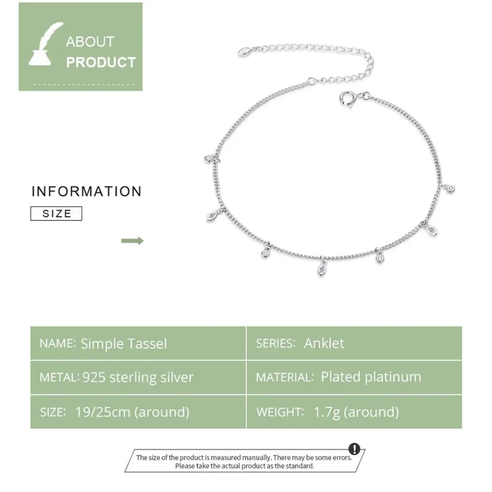 Authentic 925 Sterling Silver Minimalism Tassel Chain Anklet for Women - Velora Luxury Fashion