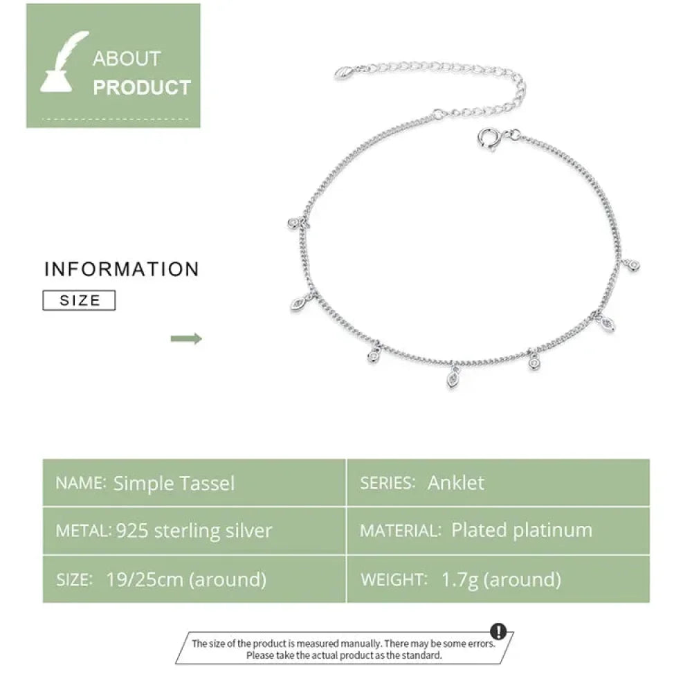 Authentic 925 Sterling Silver Minimalism Tassel Chain Anklet for Women - Velora Luxury Fashion