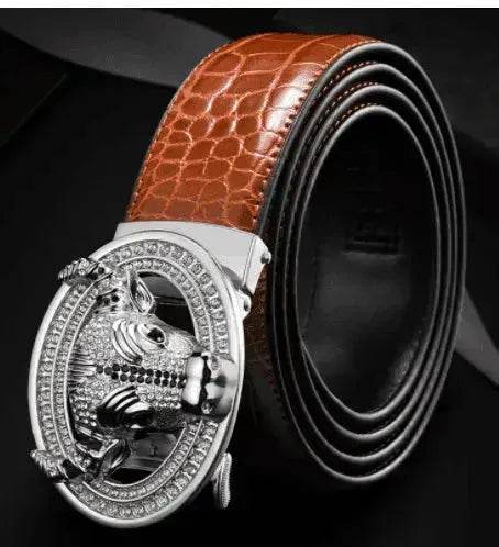 Automatic Buckle Leather With Diamond-studded Pattern Bull Head Belt - Velora