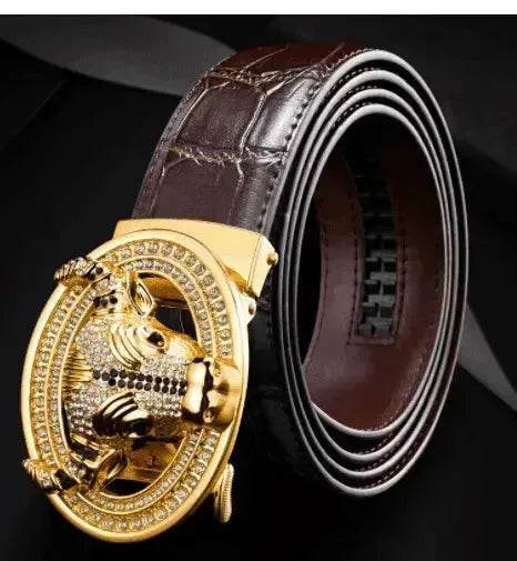 Automatic Buckle Leather With Diamond-studded Pattern Bull Head Belt - Velora