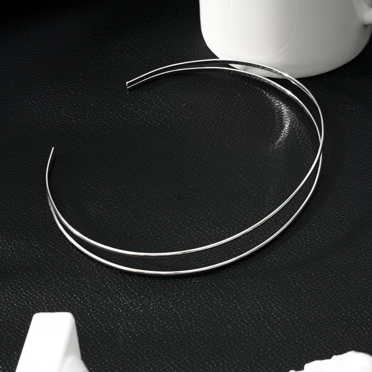 BETHANIE Silver (White Gold): Double Banded Choker Collar Necklace. - Velora Luxury Fashion