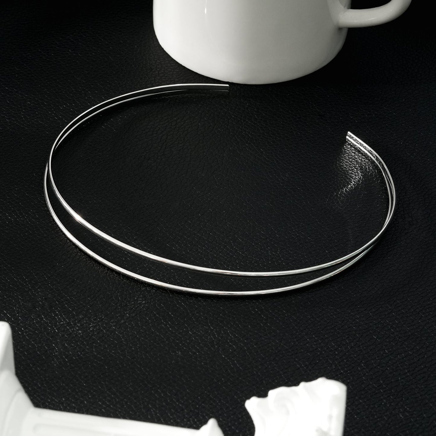 BETHANIE Silver (White Gold): Double Banded Choker Collar Necklace. - Velora Luxury Fashion