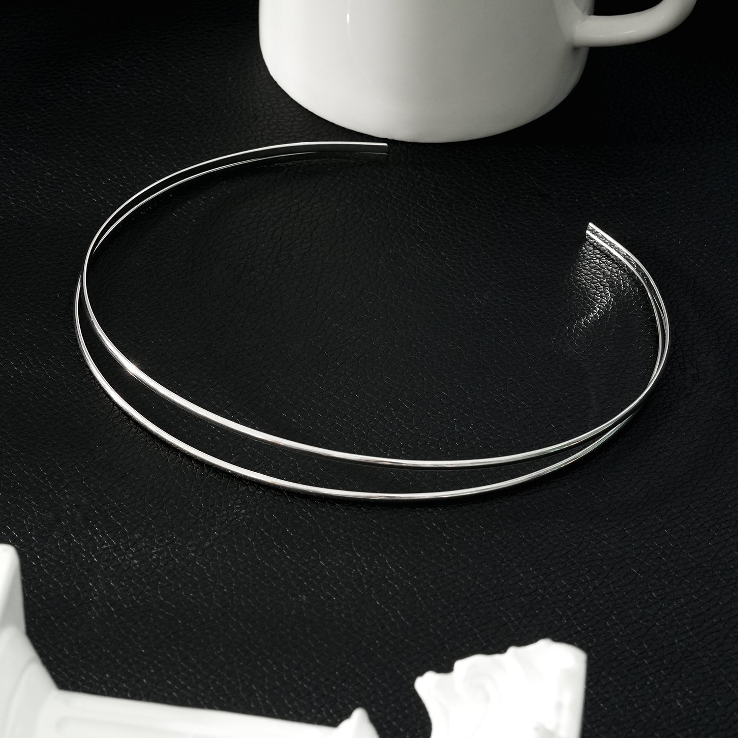 BETHANIE Silver (White Gold): Double Banded Choker Collar Necklace. - Velora Luxury Fashion