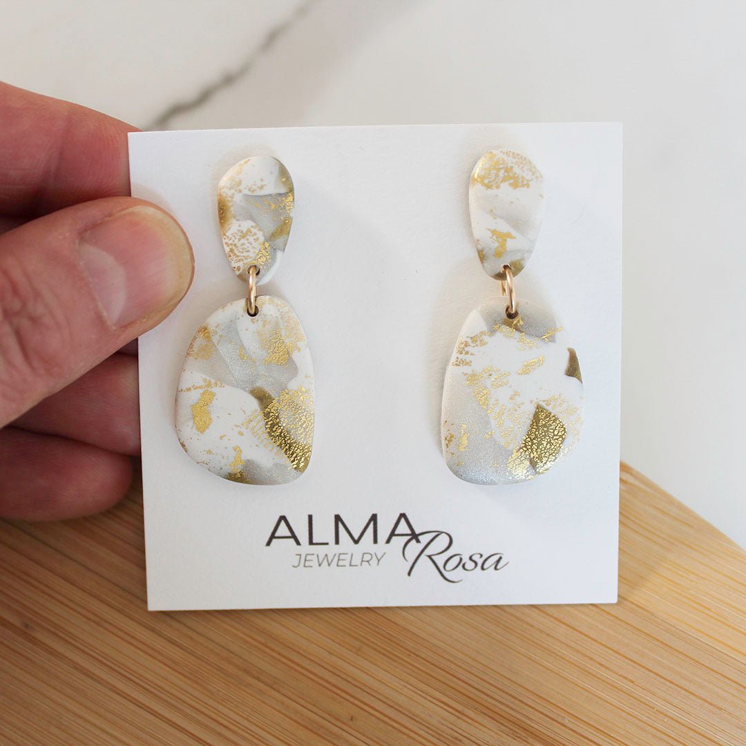 BLANCA Earrings.  White Polymer Clay Statement Earrings with gold leaf - Velora Luxury Fashion