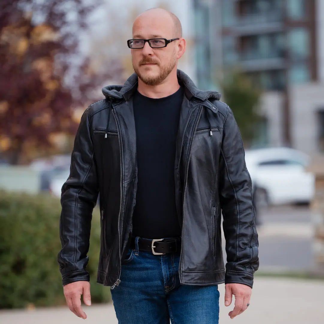 BOL Men's Hooded Snap Collar Leather Jacket - Velora Luxury Fashion