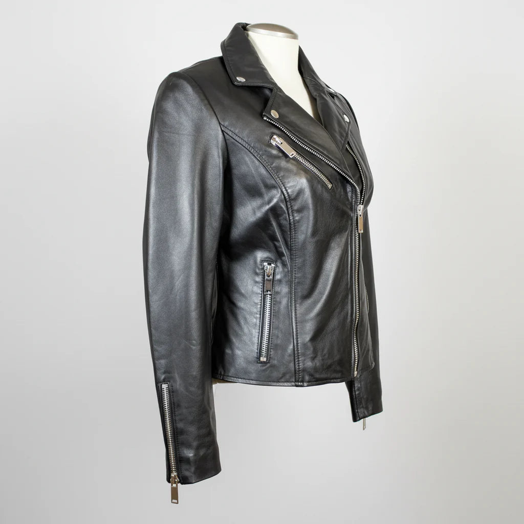 Women's Premium Lamb Leather Moto Jacket with Asymmetrical Zippers - Velora Luxury Fashion
