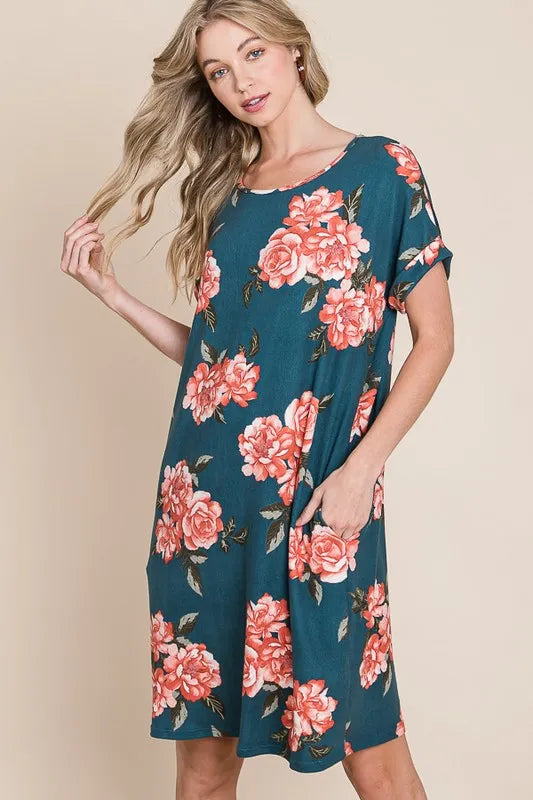 BOMBOM Floral Round Neck Short Tee Dress with Pockets - Velora Luxury Fashion