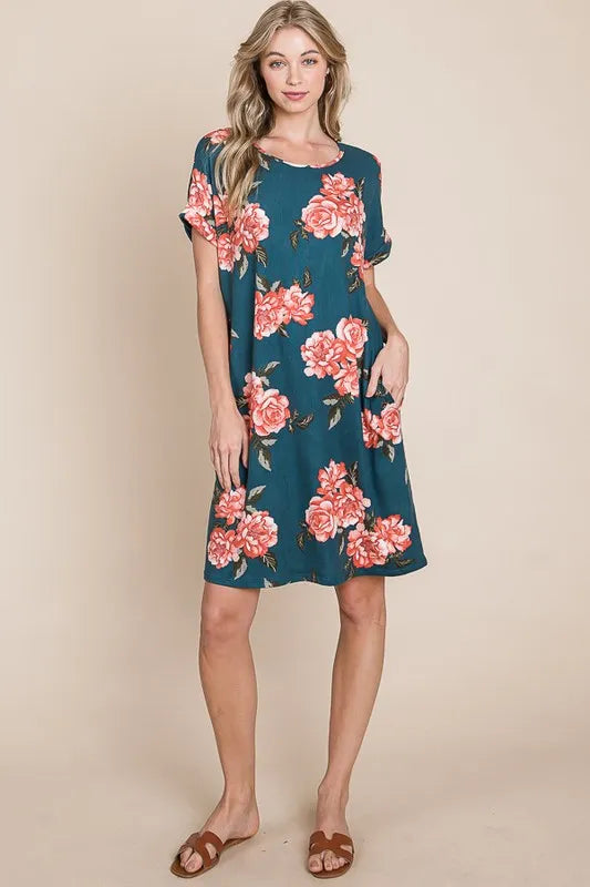 BOMBOM Floral Round Neck Short Tee Dress with Pockets - Velora Luxury Fashion