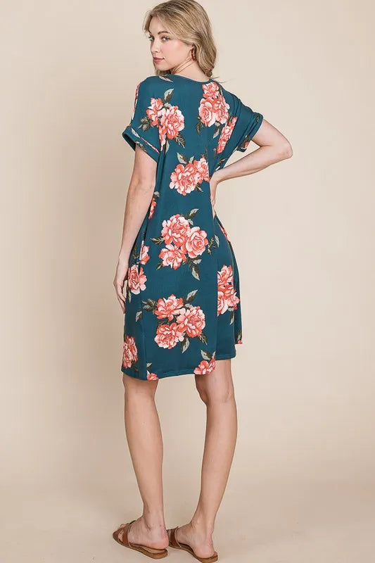 BOMBOM Floral Round Neck Short Tee Dress with Pockets - Velora Luxury Fashion