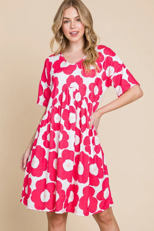 BOMBOM Flower Print Ruched Dress - Velora Luxury Fashion
