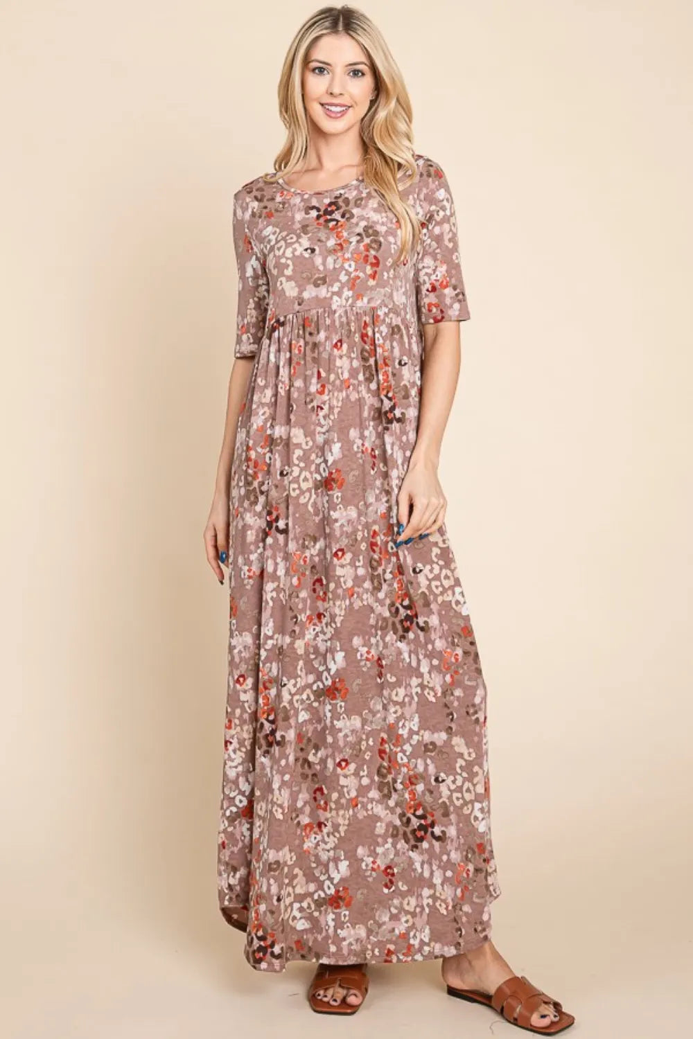 BOMBOM Printed Shirred Maxi Dress - Velora Luxury Fashion