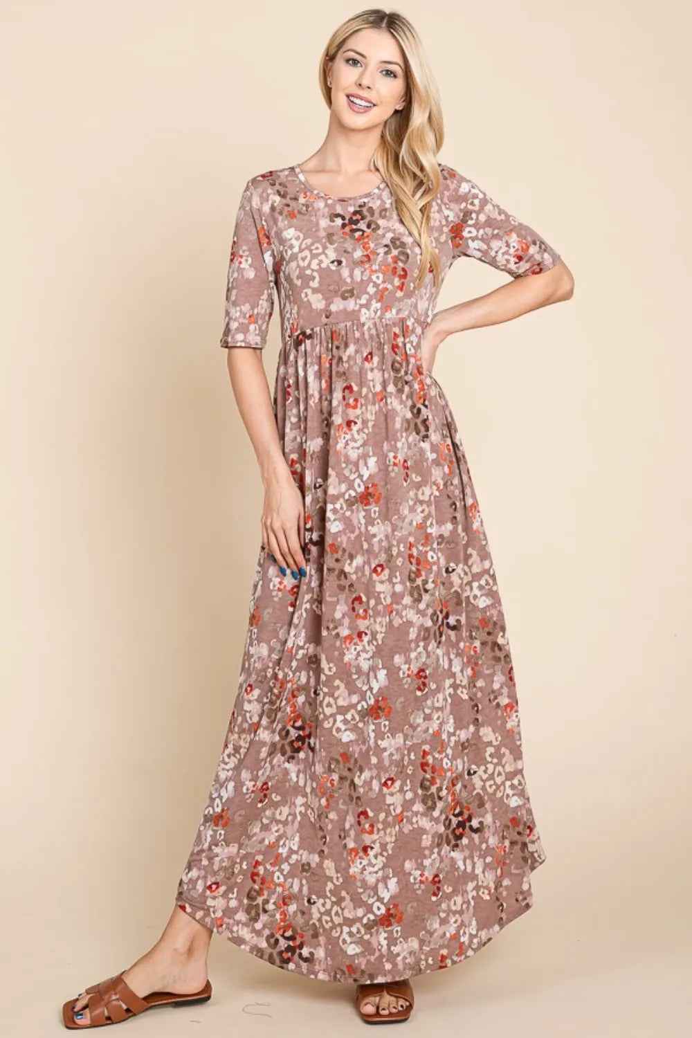 BOMBOM Printed Shirred Maxi Dress - Velora Luxury Fashion