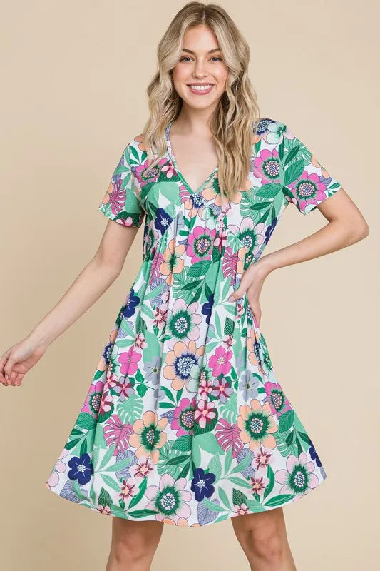BOMBOM Ruched Floral V-Neck Short Sleeve Dress - Velora Luxury Fashion