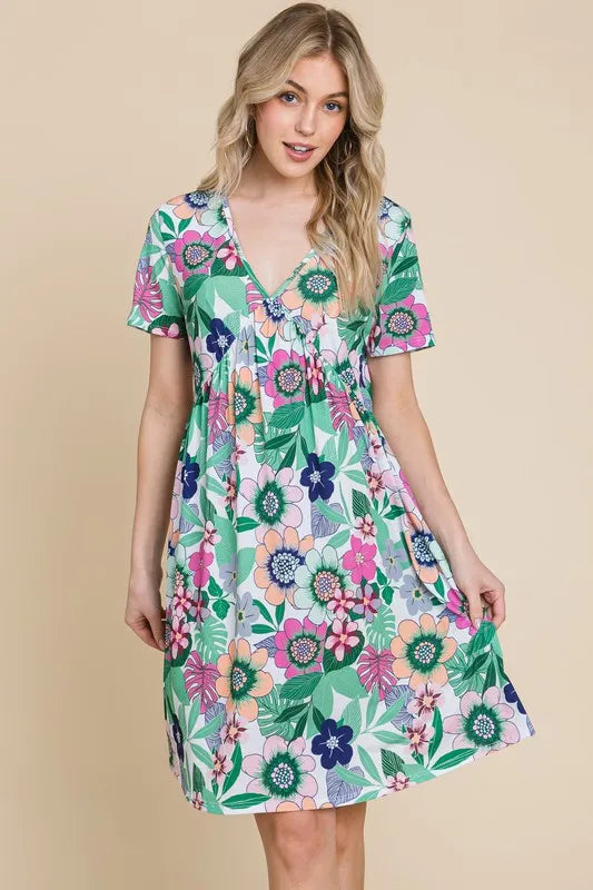 BOMBOM Ruched Floral V-Neck Short Sleeve Dress - Velora Luxury Fashion