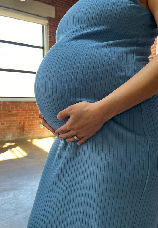 Baby Blue Ruffle Sleeve Ribbed Maternity Dress - Velora Luxury Fashion