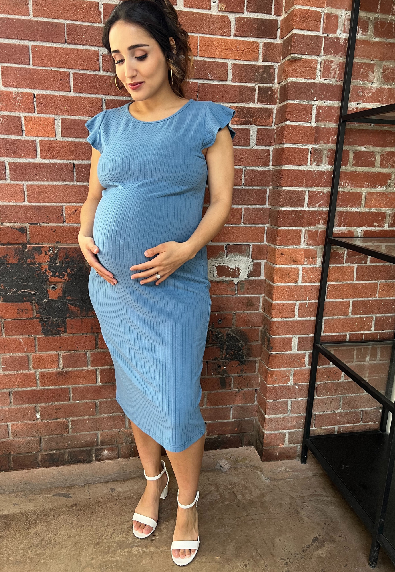 Baby Blue Ruffle Sleeve Ribbed Maternity Dress - Velora Luxury Fashion