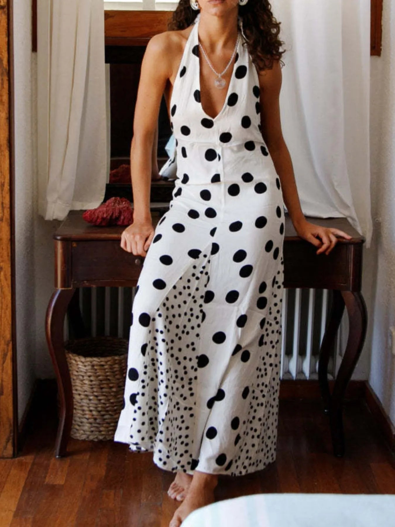 Backless Halter Neck Polka Dot Maxi Dress - Velora Luxury Fashion