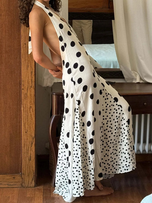 Backless Halter Neck Polka Dot Maxi Dress - Velora Luxury Fashion