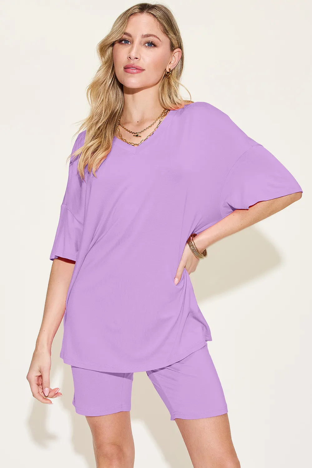 Basic Bae Bamboo Full Size  V-Neck Drop Shoulder T-Shirt and Shorts Set - Velora Luxury Fashion