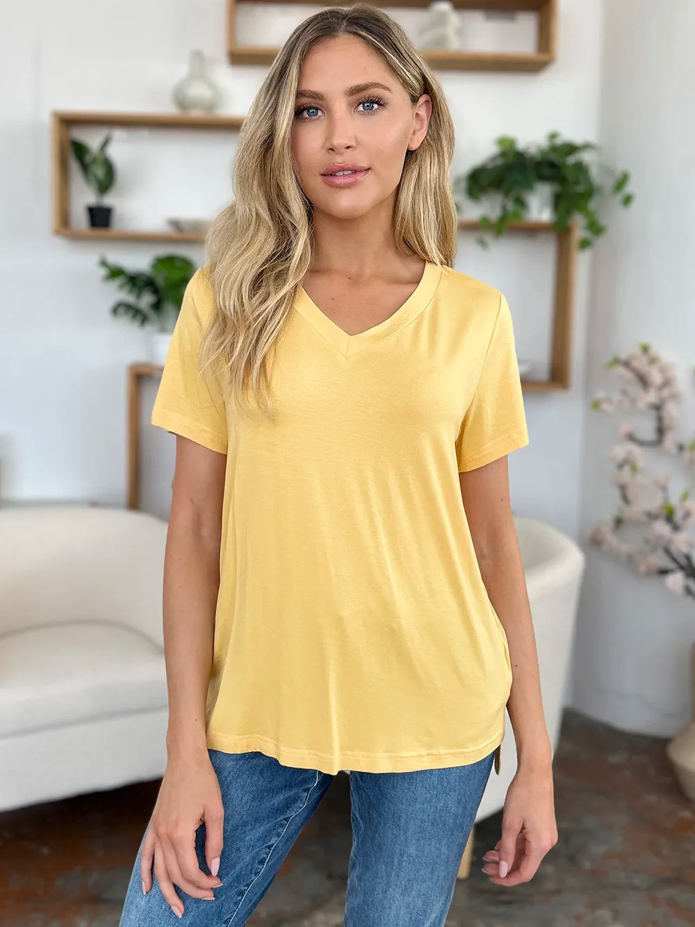 Basic Bae Bamboo Full Size V-Neck High-Low T-Shirt - Velora Luxury Fashion