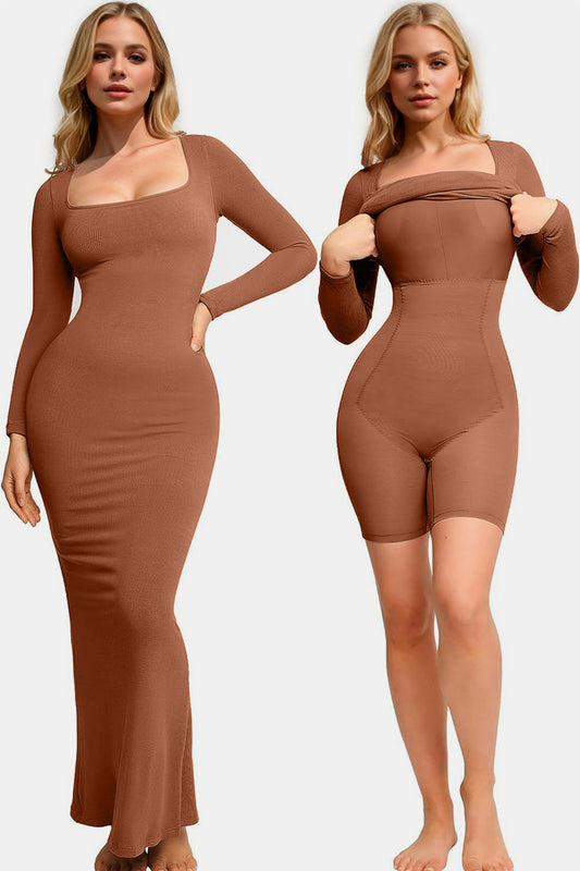 Basic Bae Built-In Shapewear Square Neck Long Sleeve Maxi Dress - Velora Luxury Fashion