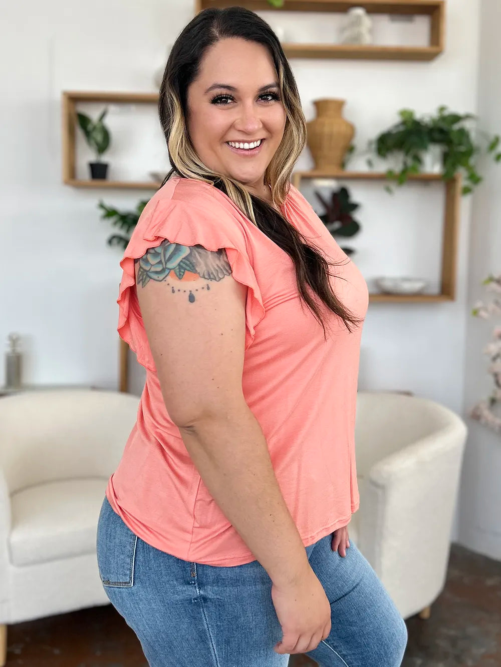 Basic Bae Full Size Bamboo Notched Ruffled Short Sleeve T-Shirt - Velora Luxury Fashion