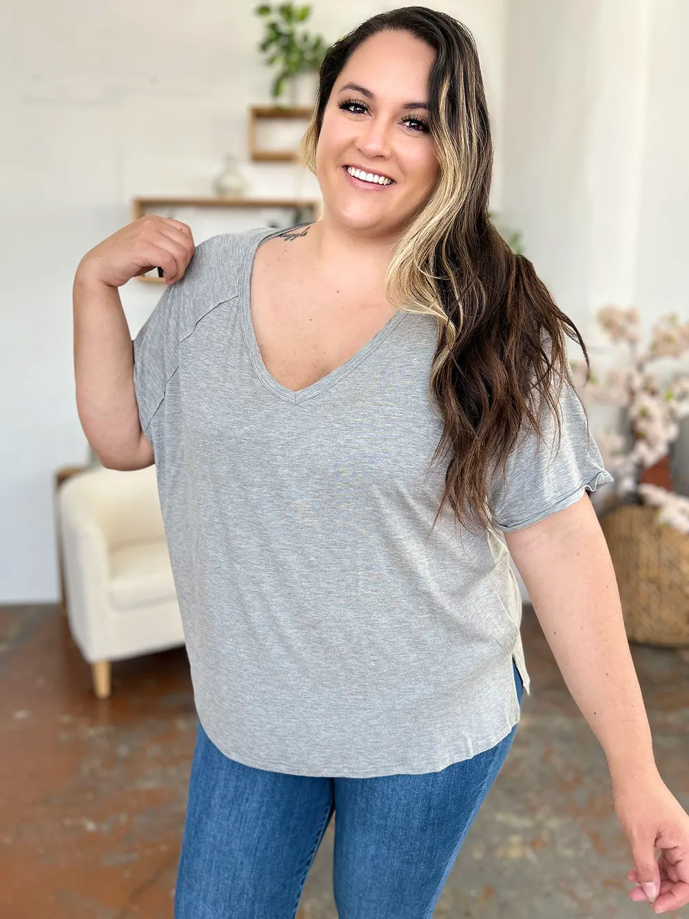 Basic Bae Full Size Bamboo Slit V-Neck Short Sleeve T-Shirt - Velora Luxury Fashion