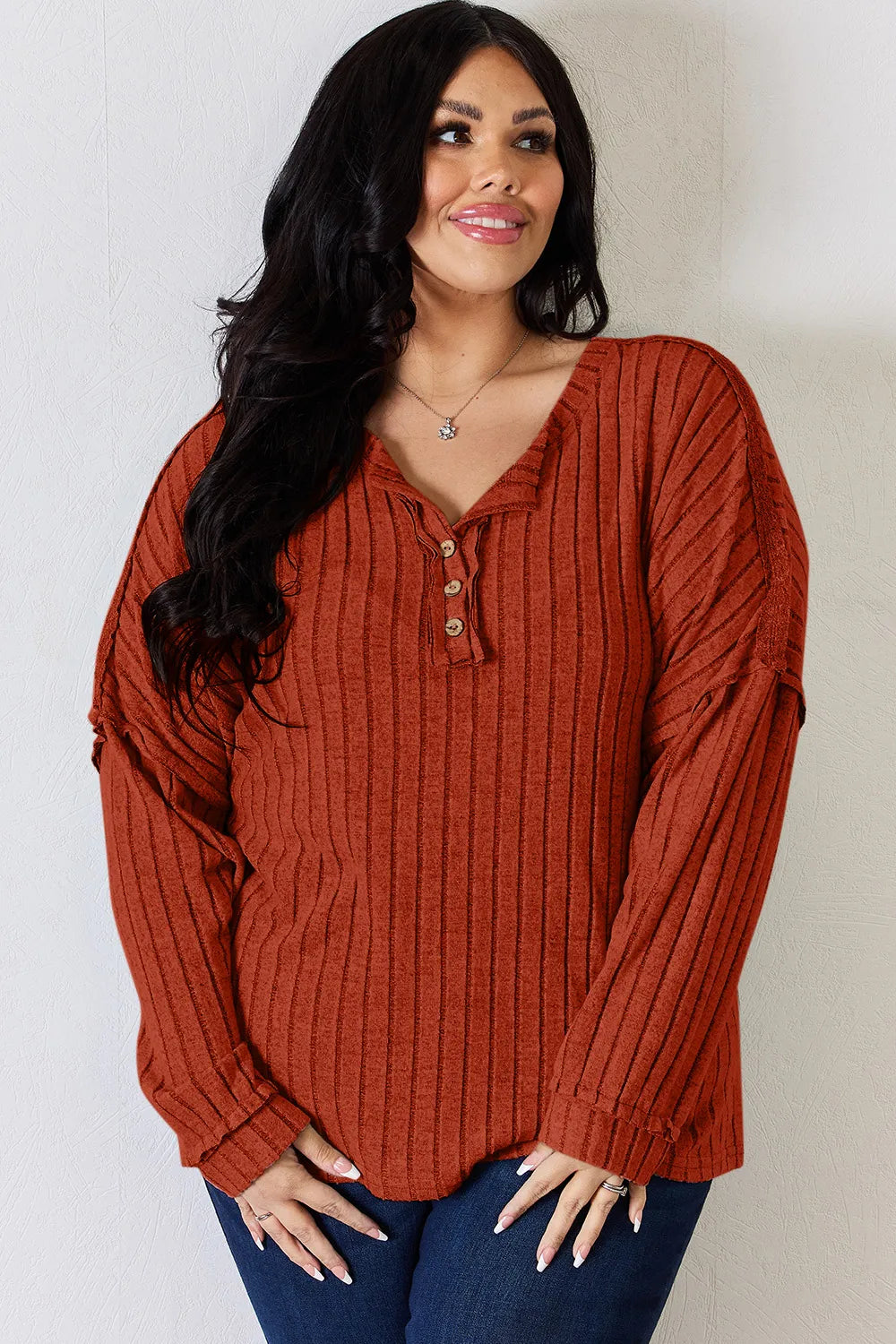 Basic Bae Full Size Ribbed Half Button Long Sleeve T-Shirt - Velora Luxury Fashion