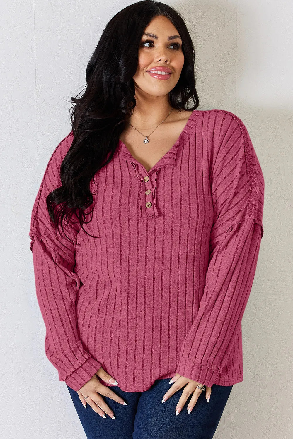 Basic Bae Full Size Ribbed Half Button Long Sleeve T-Shirt - Velora Luxury Fashion
