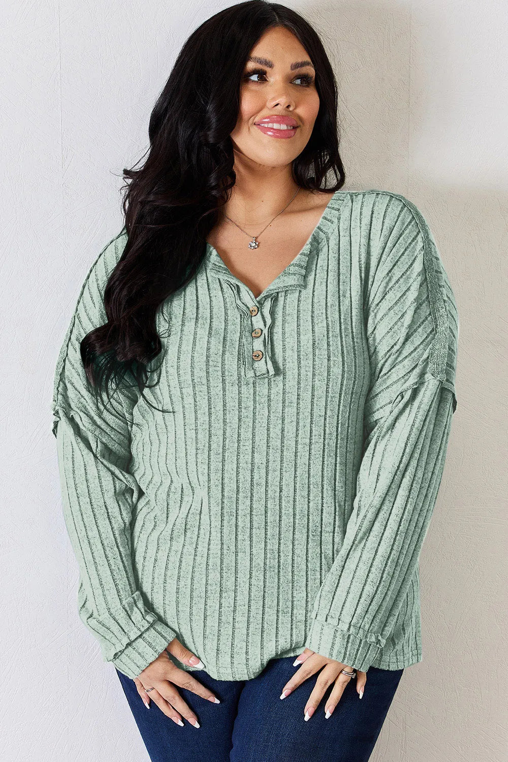 Basic Bae Full Size Ribbed Half Button Long Sleeve T-Shirt - Velora Luxury Fashion