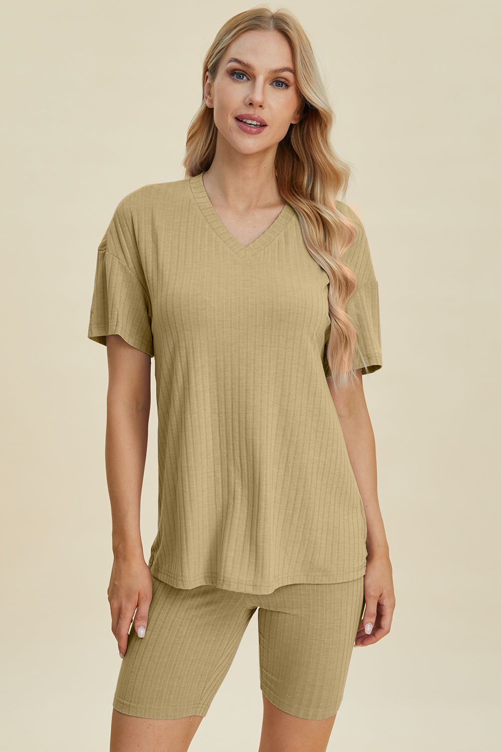 Basic Bae Full Size Ribbed V-Neck Short Sleeve Top and Shorts Set - Velora Luxury Fashion