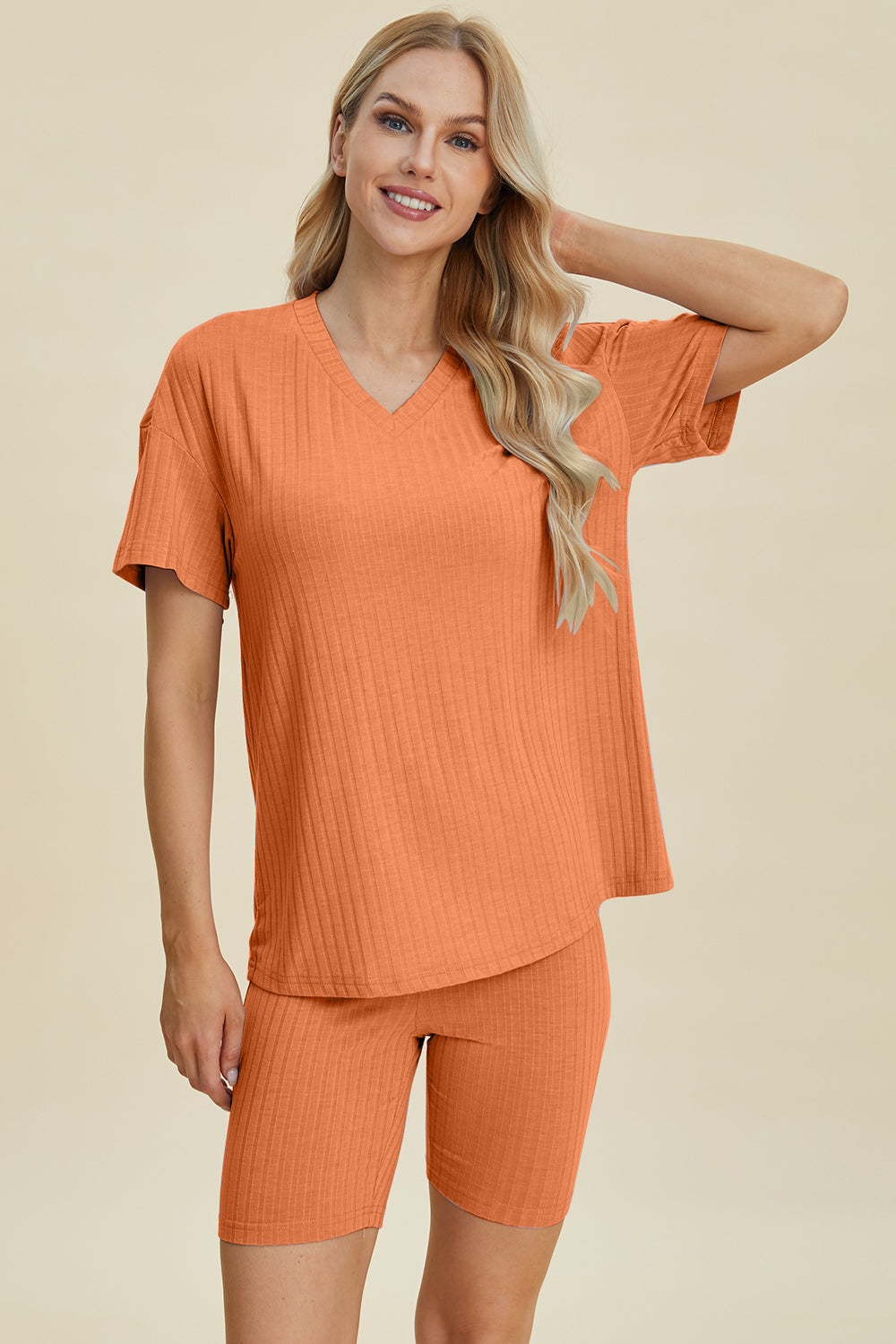 Basic Bae Full Size Ribbed V-Neck Short Sleeve Top and Shorts Set - Velora Luxury Fashion