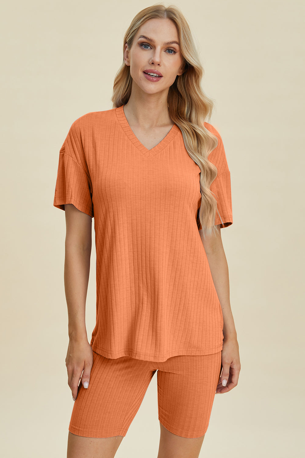 Basic Bae Full Size Ribbed V-Neck Short Sleeve Top and Shorts Set - Velora Luxury Fashion