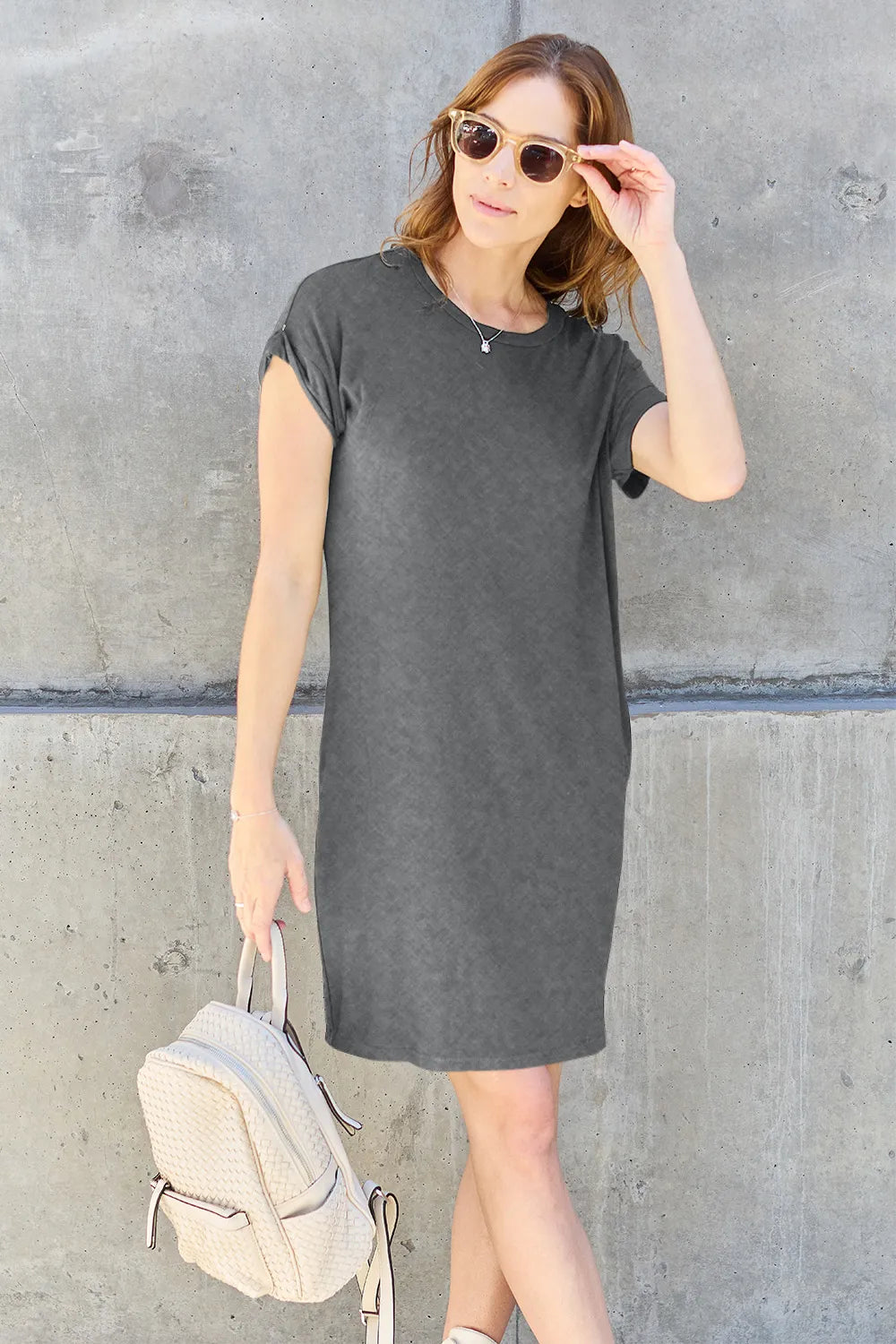 Basic Bae Full Size Round Neck Short Sleeve Dress with Pockets - Velora Luxury Fashion