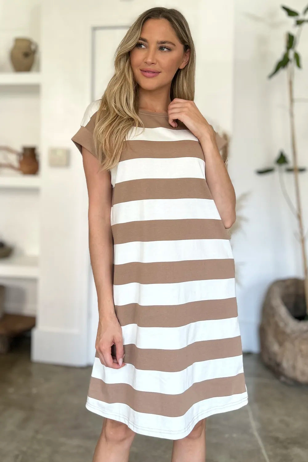 Basic Bae Full Size Striped Round Neck Cap Sleeve Mini Dress - Velora Luxury Fashion