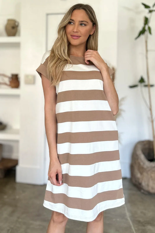 Basic Bae Full Size Striped Round Neck Cap Sleeve Mini Dress - Velora Luxury Fashion