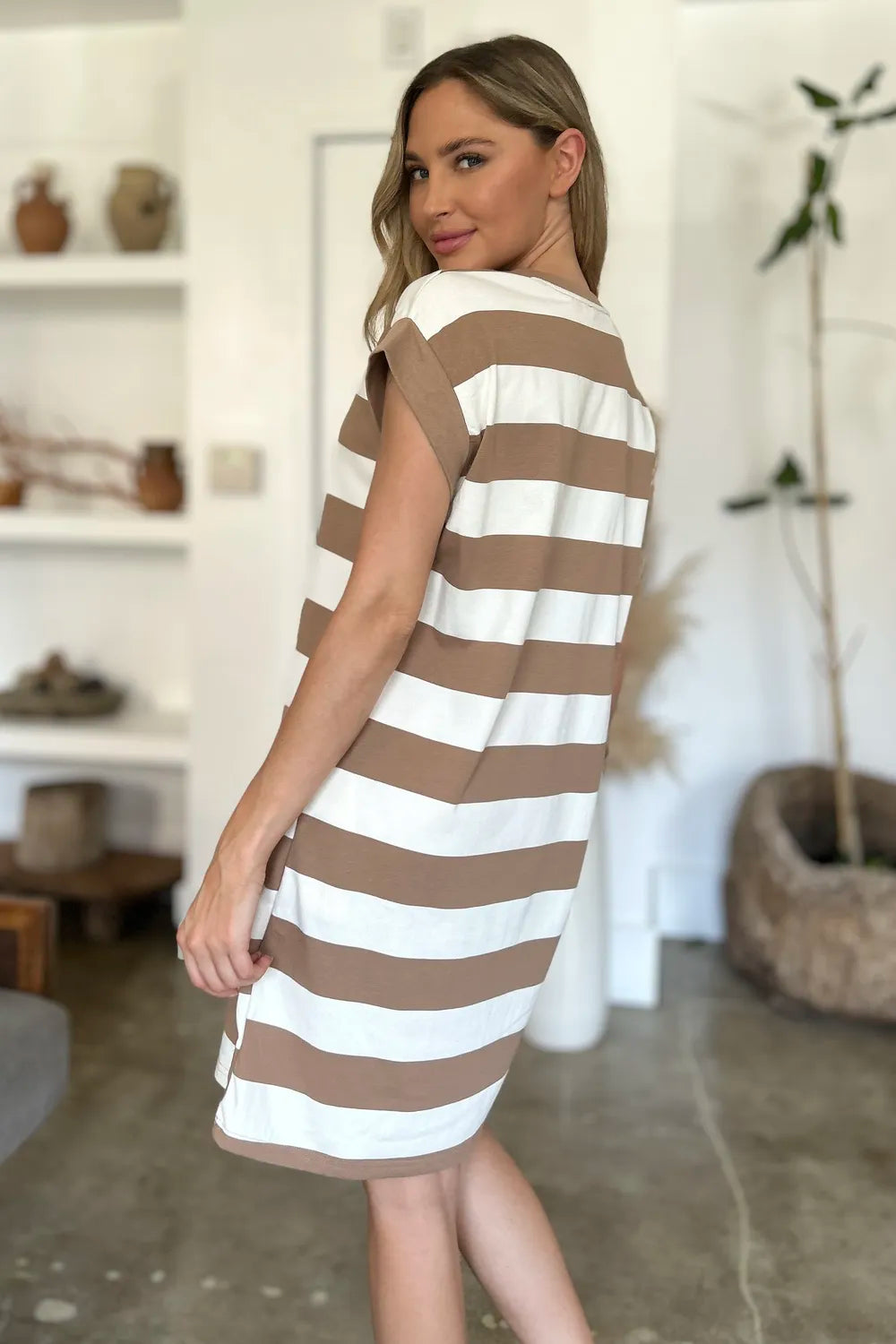 Basic Bae Full Size Striped Round Neck Cap Sleeve Mini Dress - Velora Luxury Fashion