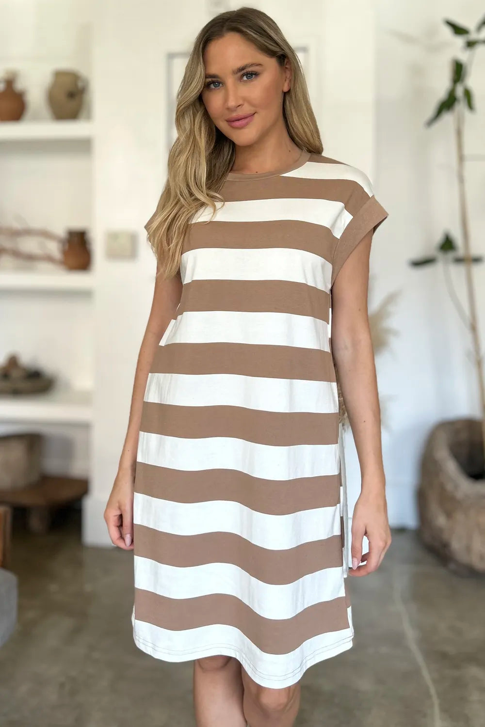 Basic Bae Full Size Striped Round Neck Cap Sleeve Mini Dress - Velora Luxury Fashion