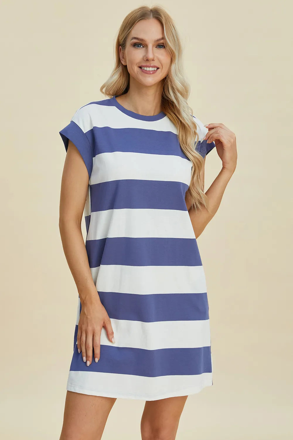 Basic Bae Full Size Striped Round Neck Cap Sleeve Mini Dress - Velora Luxury Fashion