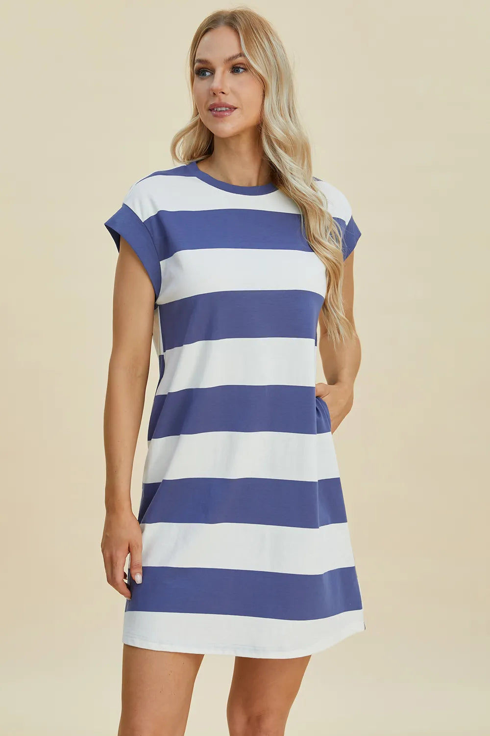 Basic Bae Full Size Striped Round Neck Cap Sleeve Mini Dress - Velora Luxury Fashion