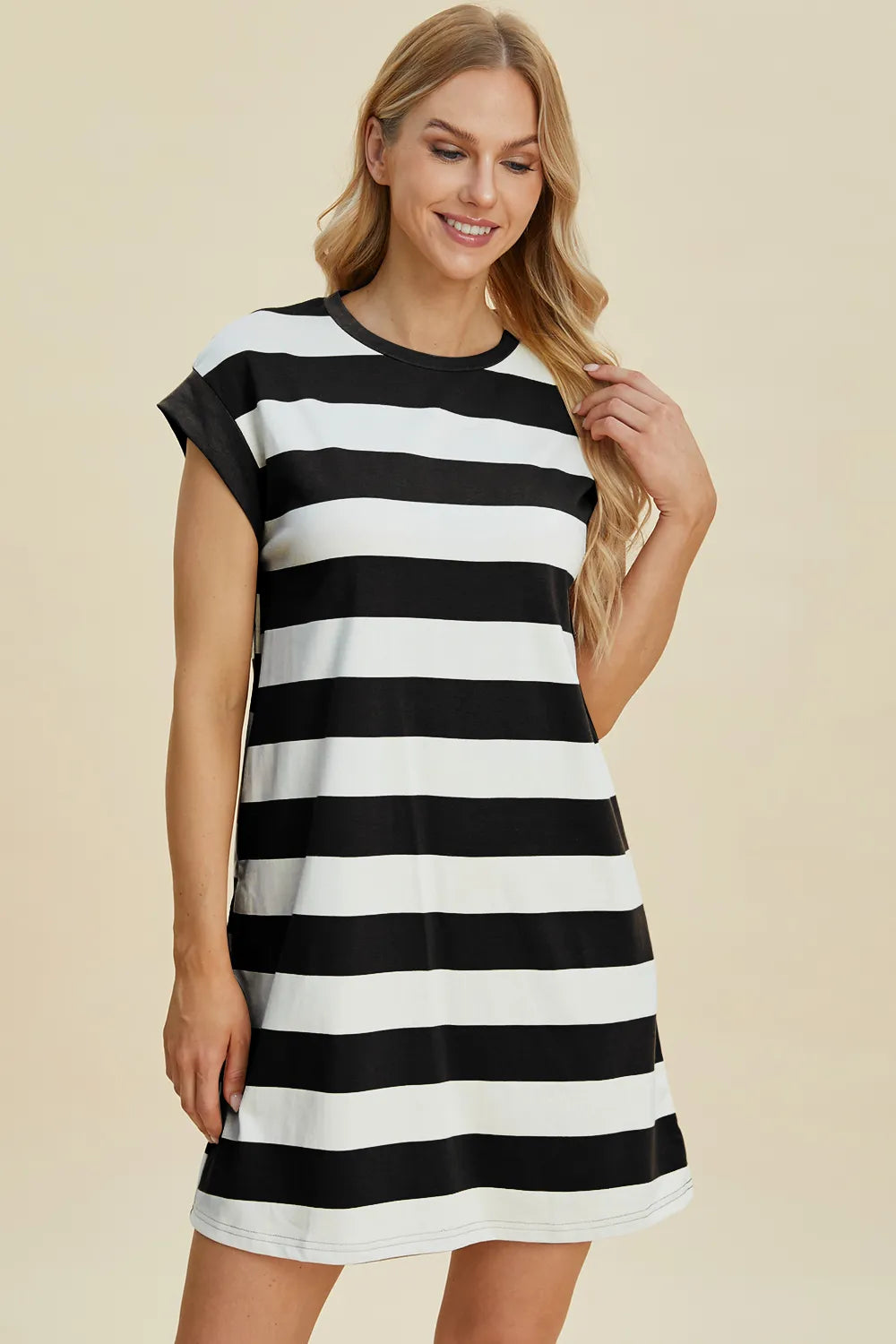 Basic Bae Full Size Striped Round Neck Cap Sleeve Mini Dress - Velora Luxury Fashion