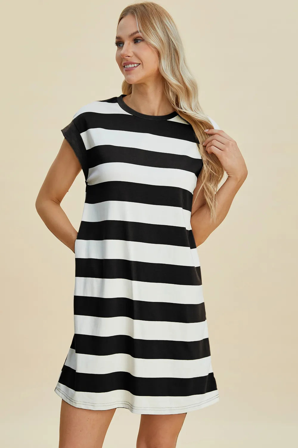 Basic Bae Full Size Striped Round Neck Cap Sleeve Mini Dress - Velora Luxury Fashion