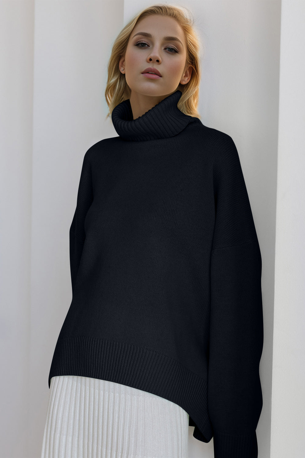 Basic Bae Turtleneck Dropped Shoulder Long Sleeve Sweater - Velora Luxury Fashion