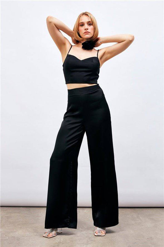 (Basic) Satin Crop Top  with String Straps - Black - Velora Luxury Fashion