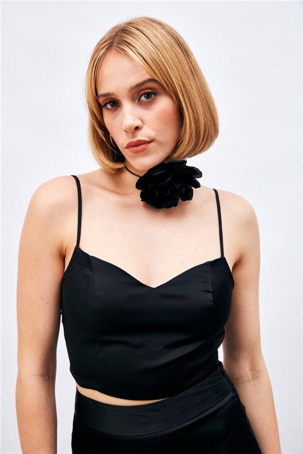 (Basic) Satin Crop Top  with String Straps - Black - Velora Luxury Fashion