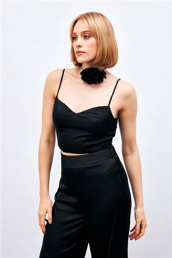 (Basic) Satin Crop Top  with String Straps - Black - Velora Luxury Fashion