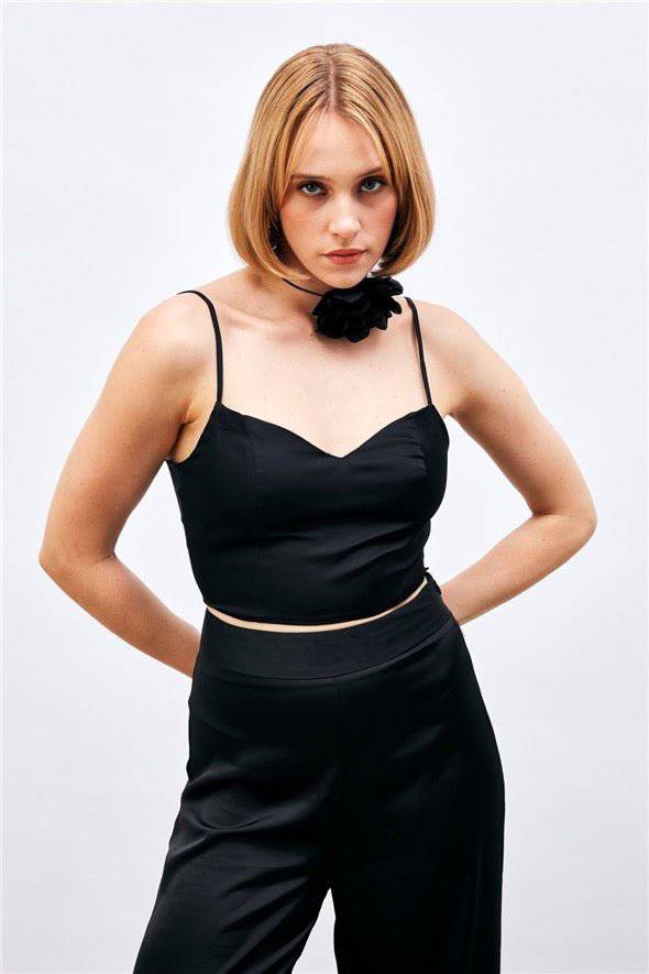 (Basic) Satin Crop Top  with String Straps - Black - Velora Luxury Fashion
