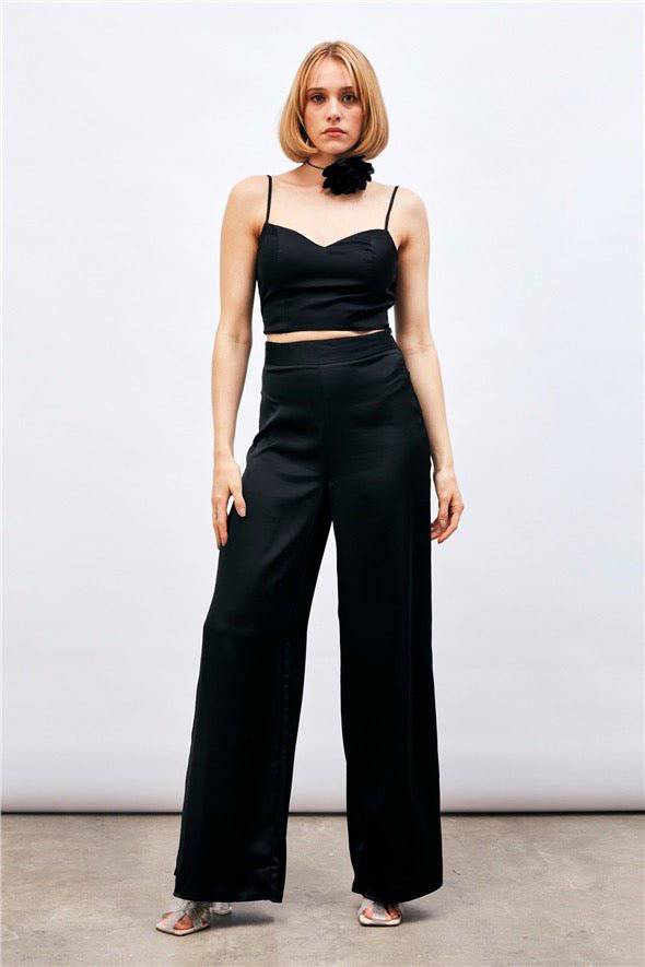 (Basic) Satin Crop Top  with String Straps - Black - Velora Luxury Fashion