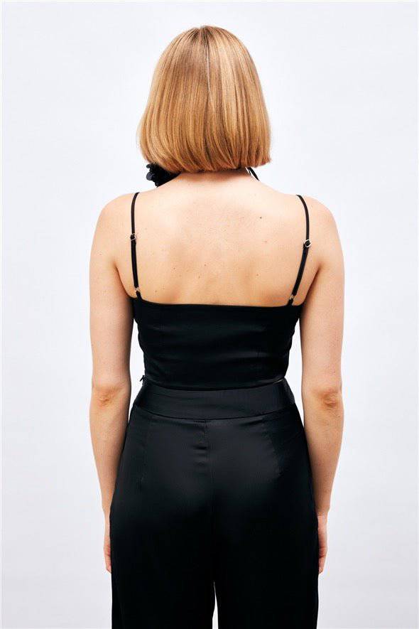 (Basic) Satin Crop Top  with String Straps - Black - Velora Luxury Fashion