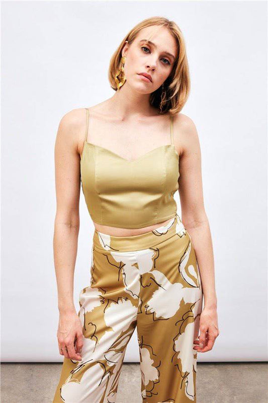 (Basic) Satin Crop Top  with String Straps - Olive - Velora Luxury Fashion